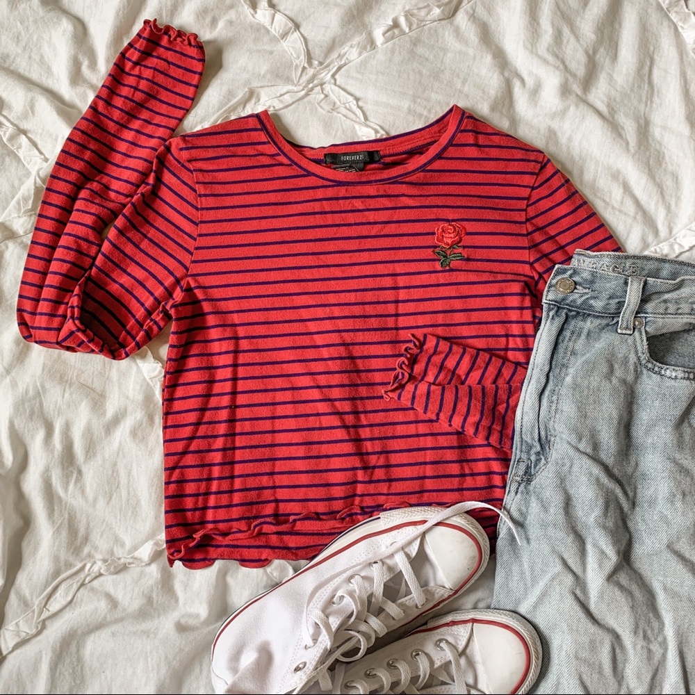 Rose Embroidered Long Sleeve Lettuce Edge Top